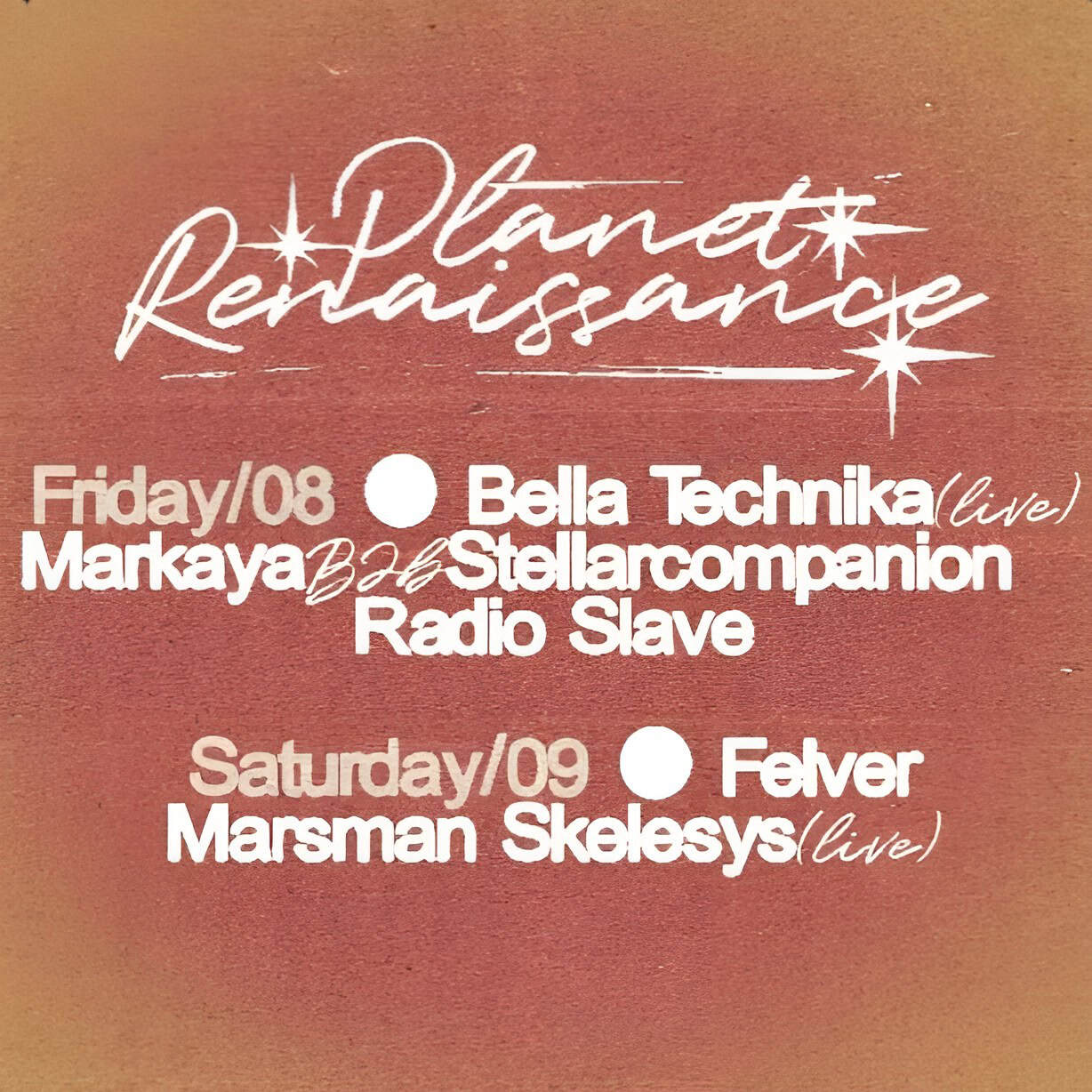 Event poster: band name and event details in white hand written letters over an dark background with an orange planet behind