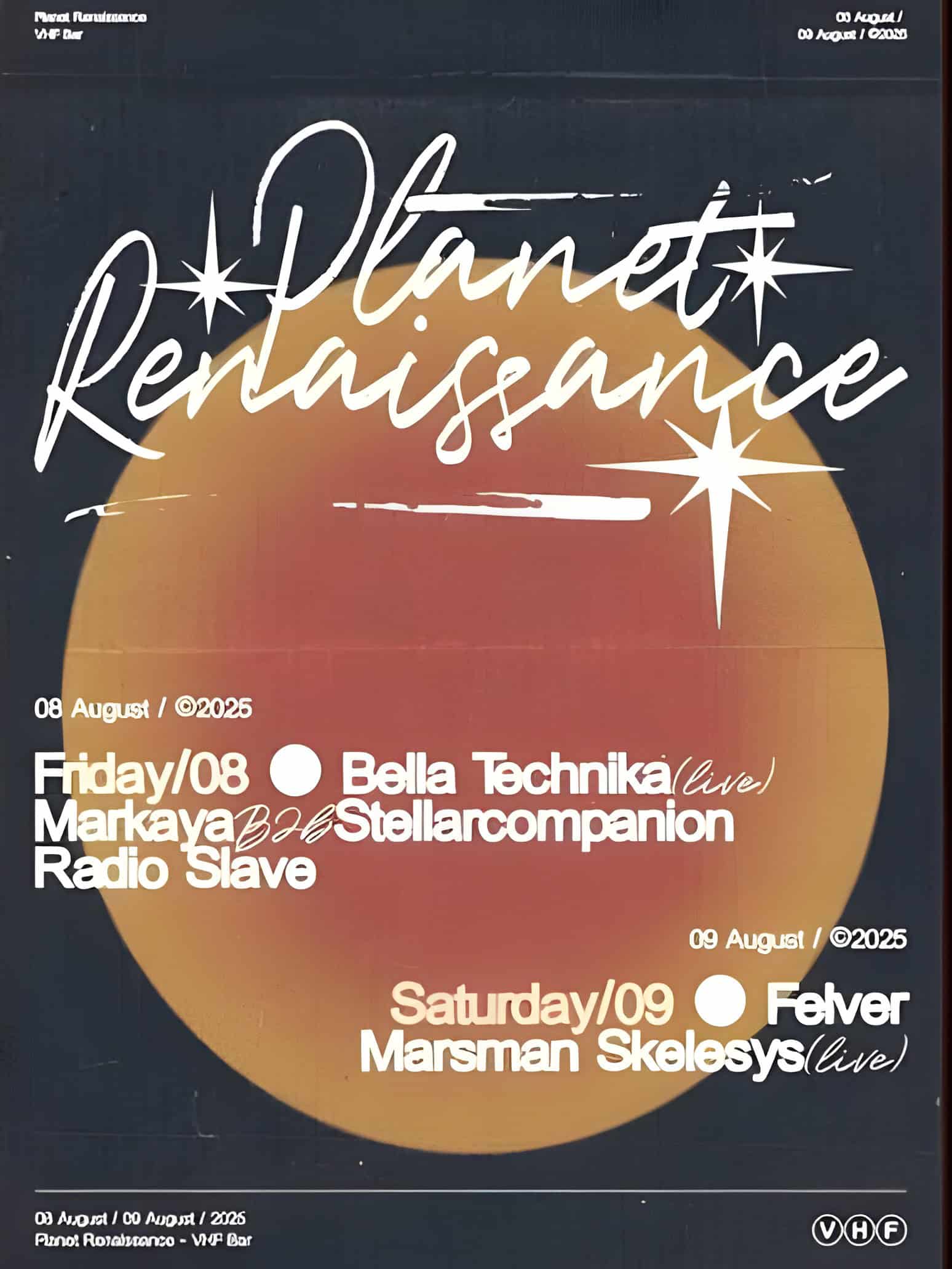 Event poster: band name and event details in white hand written letters over an dark background with an orange planet behind